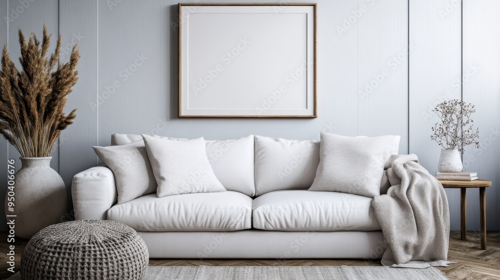 A modern living room featuring a minimalistic design with a white sofa, textured cushions, dried plants, and a clean aesthetic emphasizing simplicity and comfort. A modern living room featuring a minimalistic design with a white sofa, textured cushions, dried plants, and a clean aesthetic emphasizing simplicity and comfort.