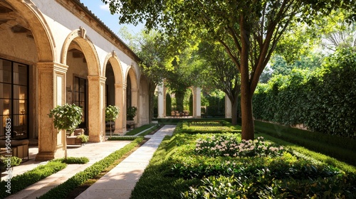 Serene courtyard of a grand Italian villa with intricately designed stone fountains, set against the backdrop of antique stone archways,