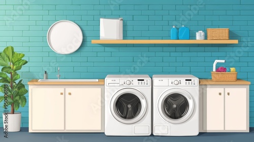 Modern Laundry Room with White Cabinets and Appliances