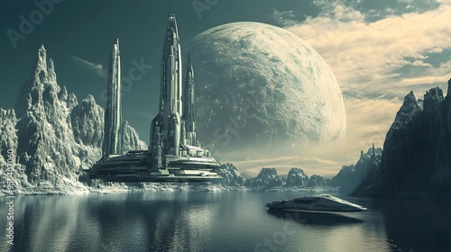 Fototapeta Naklejka Na Ścianę i Meble -  Distant planet with futuristic space station sleek spacecraft nearby cool tones metallic finishes highly detailed 3D rendering