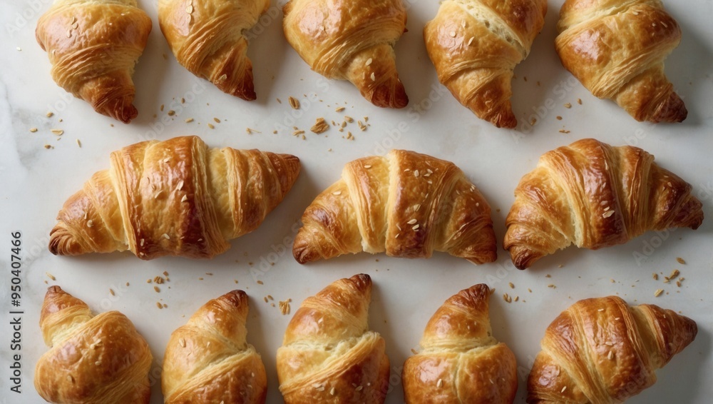 Croissants with nuts on top are arranged on a white table Croissants with nuts on top are arranged on a white table