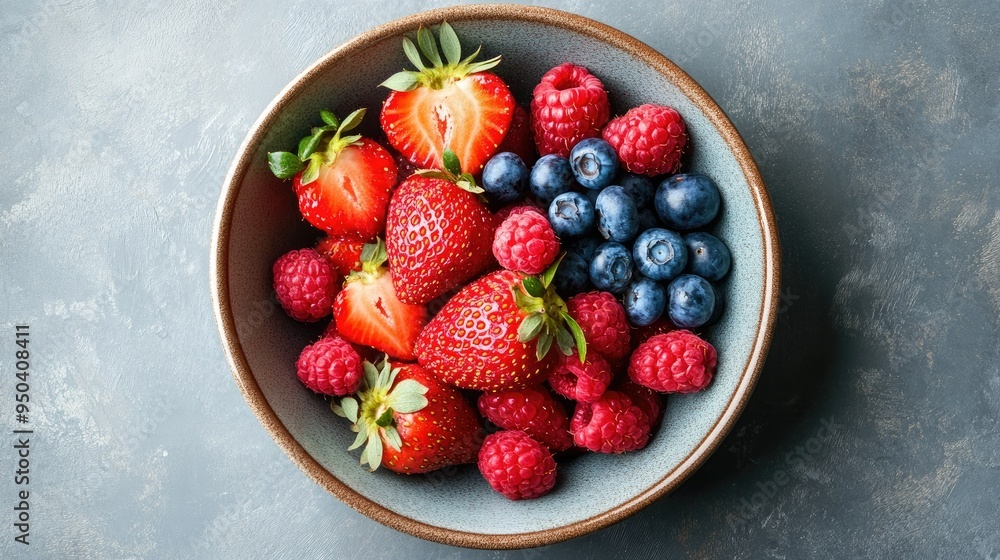Fresh strawberries, blueberries, and raspberries in a ceramic bowl, top view Fresh strawberries, blueberries, and raspberries in a ceramic bowl, top view