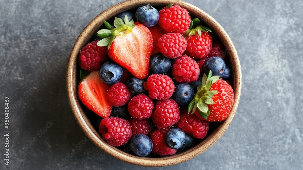 Fresh strawberries, blueberries, and raspberries in a ceramic bowl, top view Fresh strawberries, blueberries, and raspberries in a ceramic bowl, top view