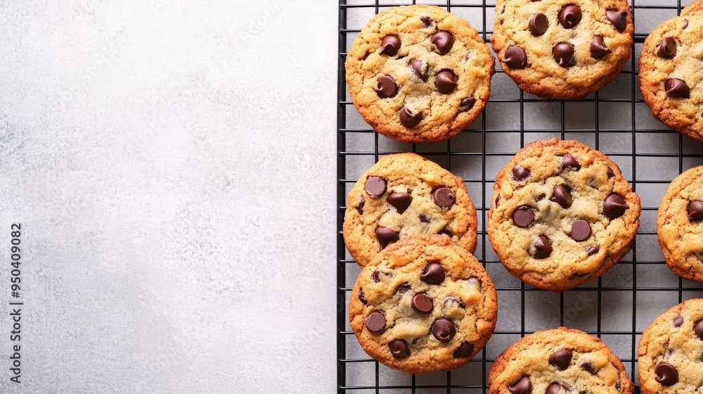 Freshly baked chocolate chip cookies on a cooling rack, top view Freshly baked chocolate chip cookies on a cooling rack, top view