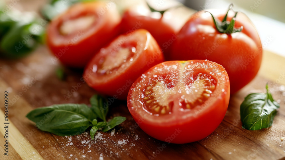 Fresh, juicy red tomatoes are perfect for cooking, pasta sauces, salads, juices, and eating raw. Slice them on a wood cutting board for deliciousness. Fresh, juicy red tomatoes are perfect for cooking, pasta sauces, salads, juices, and eating raw. Slice them on a wood cutting board for deliciousness.