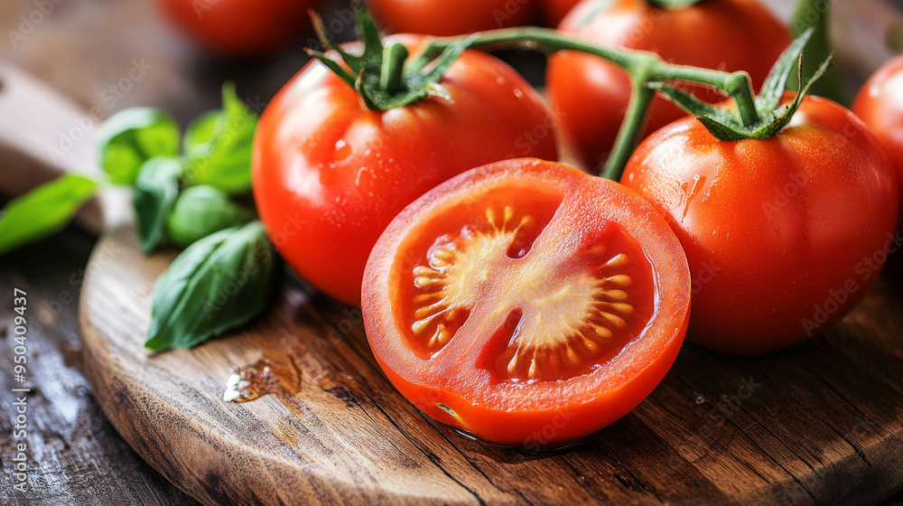 Fresh, juicy red tomatoes are perfect for cooking, pasta sauces, salads, juices, and eating raw. Slice them on a wood cutting board for deliciousness. Fresh, juicy red tomatoes are perfect for cooking, pasta sauces, salads, juices, and eating raw. Slice them on a wood cutting board for deliciousness.