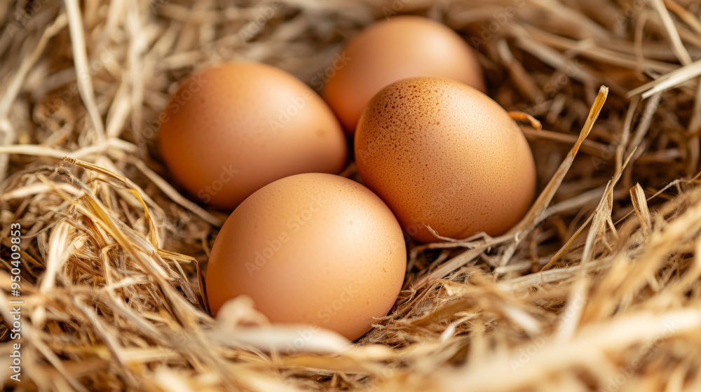 Fresh organic brown eggs in a straw nest, close-up. Fresh organic brown eggs in a straw nest, close-up.