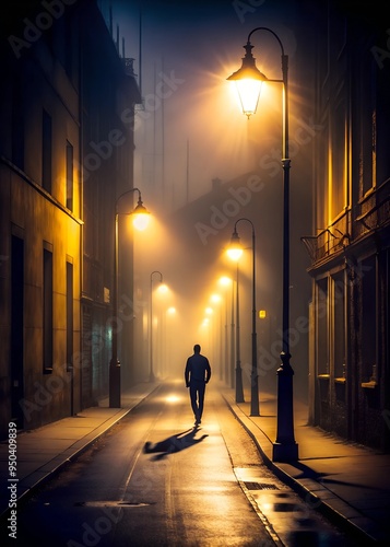 man walking at night, moody street photography, foggy urban scene, solitary figure in darkness, cinematic street lighting, mysterious atmosphere, empty city streets, dramatic urban nightscape