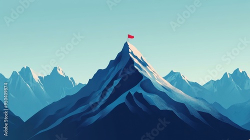 Snowy Mountain Peak with Red Flag - Achievement and Success