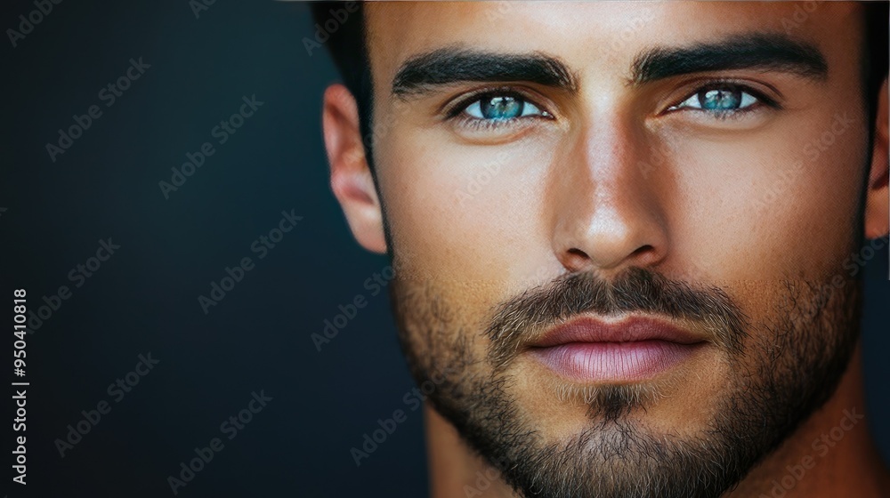 Obraz premium Handsome man's face with chiseled features, light stubble, and a calm, composed expression