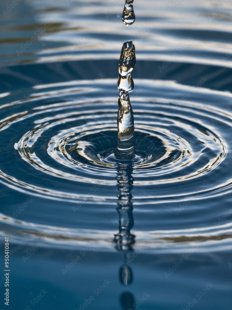 Droplet of water falling into a pool, creating concentric ripples and ...