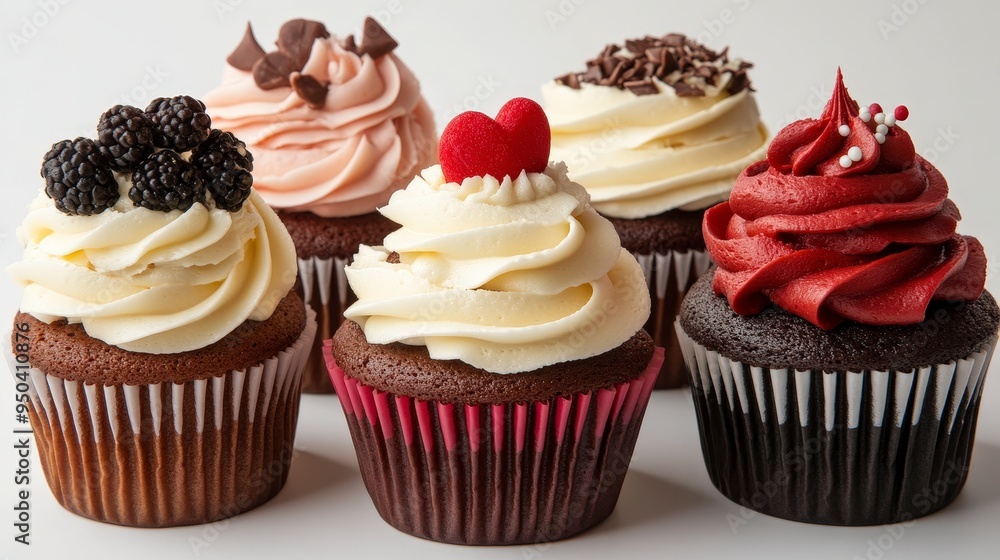 individual-sized cakes topped with frosting and decorations, set against a plain background. individual-sized cakes topped with frosting and decorations, set against a plain background.