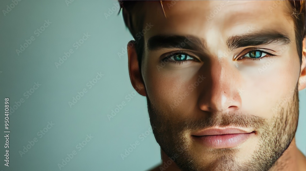 Handsome man's face with chiseled features, clear skin, and a calm, thoughtful expression Handsome man's face with chiseled features, clear skin, and a calm, thoughtful expression