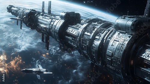 Fototapeta Naklejka Na Ścianę i Meble -  Futuristic space station with sleek spacecraft docking in orbit around distant planet metallic finishes cool tones highly detailed 3D rendering
