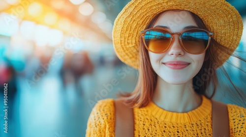 A fashionable woman in a broad-brimmed hat and reflective sunglasses smiles while standing at a busy station, embodying travel excitement and vibrant style.