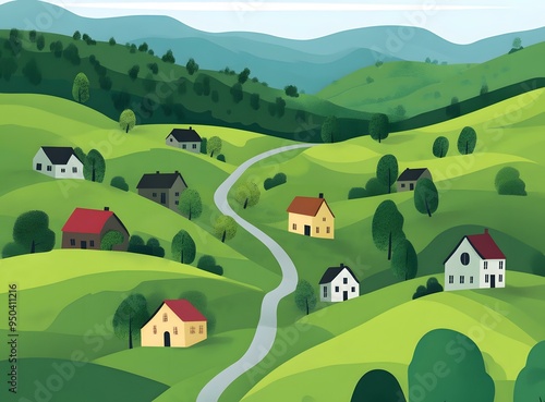 Green Hills and Winding Road Landscape Illustration