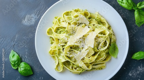 Homemade pasta with pesto sauce and parmesan cheese on a white plate, top view