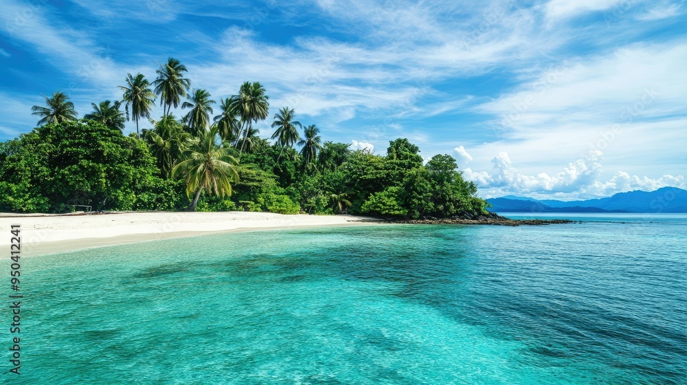 Fototapeta premium Majestic view of a tropical island with white sandy beaches, lush palm trees, and crystal-clear waters