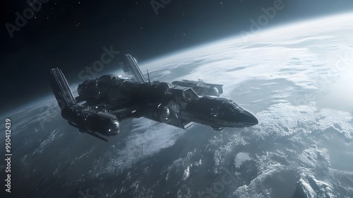 Fototapeta Naklejka Na Ścianę i Meble -  Distant planet with space station sleek spacecraft docking nearby cool tones metallic finishes highly detailed 3D rendering