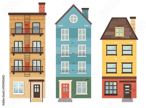 Three Colorful Buildings Illustration Cartoon Style