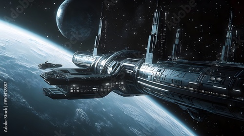 Fototapeta Naklejka Na Ścianę i Meble -  Futuristic space station orbiting a distant planet sleek spacecraft docking nearby metallic finishes cool tones highly detailed 3D rendering