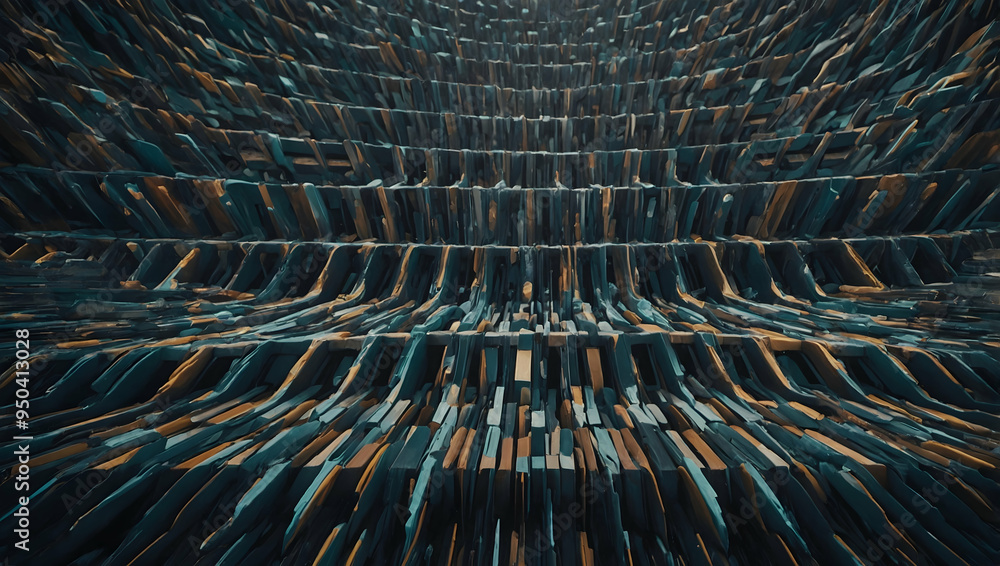 Fototapeta premium Abstract Glitch: A mesmerizing, abstract digital art piece features a chaotic arrangement of vibrant teal and orange blocks, creating a sense of depth and movement. The composition evokes a glitch in