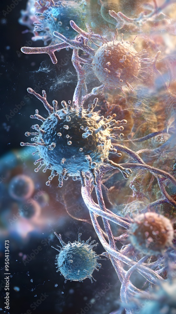 Fototapeta premium Microbial Life Forms: Microscopic view of microbial life forms interacting, with DNA-like structures visible in the background. 