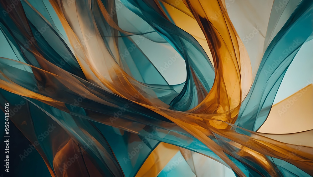 Obraz premium Ethereal Fabric Flow: Teal and gold fabric dance in an abstract symphony of light and texture, inviting viewers to explore the beauty of movement and form. 