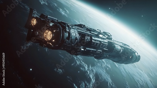 Fototapeta Naklejka Na Ścianę i Meble -  Space station in orbit around a distant planet sleek spacecraft docking cool tones metallic finishes highly detailed 3D rendering