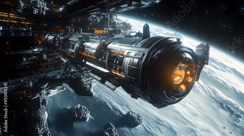 Fototapeta Naklejka Na Ścianę i Meble -  Distant planet with orbiting space station sleek spacecraft docking nearby metallic finishes cool tones highly detailed 3D rendering