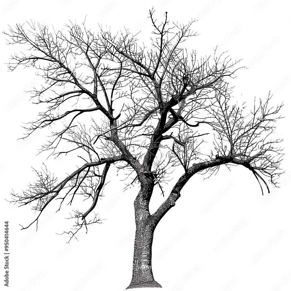Fototapeta premium bare tree with intricate branches in halftone monochrome dotted style, isolated on clear white background