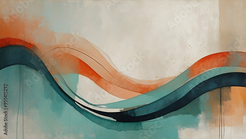 Oceanic Embrace: A minimalist abstract painting featuring flowing lines of teal, orange, and cream, evoking the tranquil motion of ocean waves.  photo