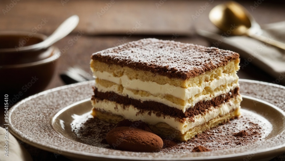 A slice of cake with chocolate and white frosting on a plate A slice of cake with chocolate and white frosting on a plate