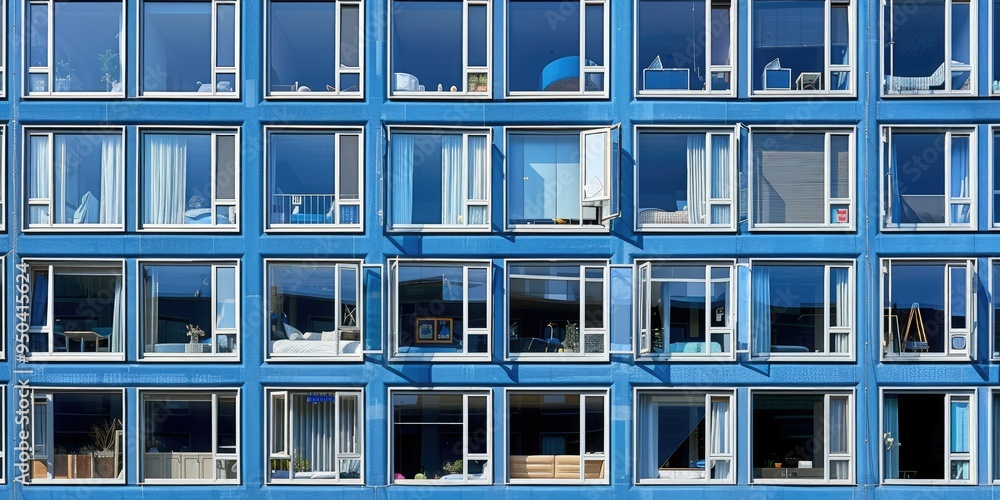 Modern apartment building showcasing open windows in bright blue facade under clear sky Modern apartment building showcasing open windows in bright blue facade under clear sky