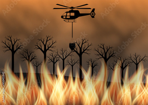 Firefighting Helicopter flying to  Extinguish Forest Fire. Wildfire. Burning Forest. Vector Illustration. 