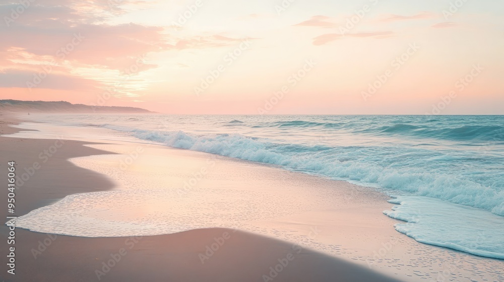 Serene beach at dawn with gentle waves, soft pink skies, and a sandy shore stretching into the distance Serene beach at dawn with gentle waves, soft pink skies, and a sandy shore stretching into the distance
