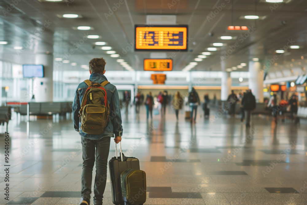 Obraz premium traveling by airplane, man walking with backpack and suitcase at airport