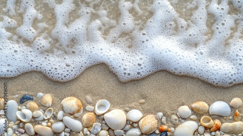 Serene beach scene with gentle waves washing over smooth pebbles and shells on the shore