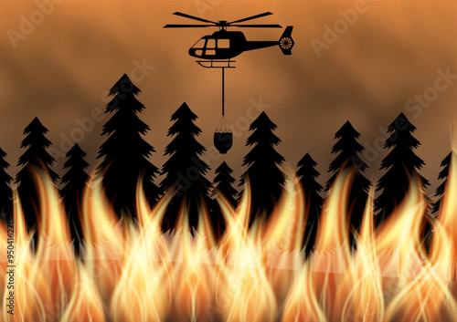 Firefighting Helicopter flying to  Extinguish Forest Fire. Wildfire. Burning Forest. Vector Illustration. 