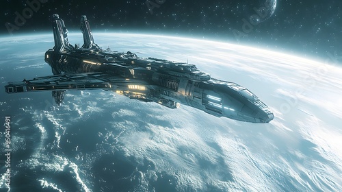 Fototapeta Naklejka Na Ścianę i Meble -  Distant planet with futuristic space station sleek spacecraft nearby cool tones metallic finishes highly detailed 3D rendering