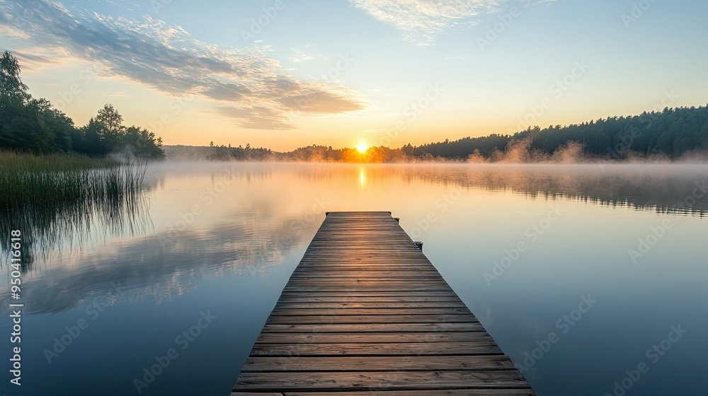 Fototapeta premium Serene scene of a wooden dock extending into a calm lake with mist rising from the water at sunrise
