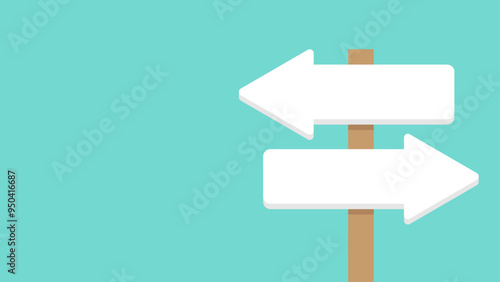 A blank wooden signpost with two white arrows pointing in opposite directions against a green background. 