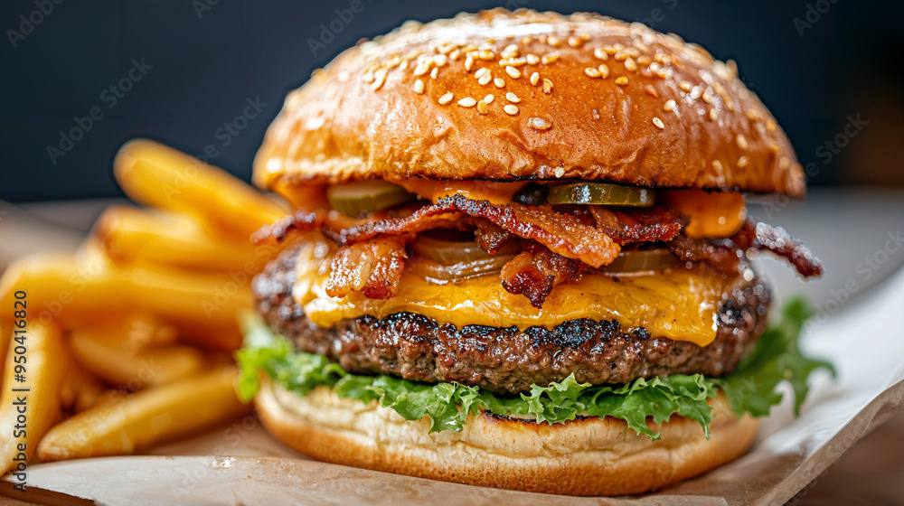 Gourmet Bacon Cheeseburger Delight, towering layers of crispy bacon, melted cheddar, caramelized onions, accompanied by golden, crunchy fries for a satisfying meal. Gourmet Bacon Cheeseburger Delight, towering layers of crispy bacon, melted cheddar, caramelized onions, accompanied by golden, crunchy fries for a satisfying meal.