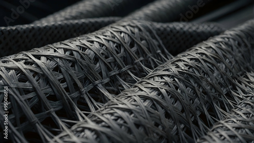 Black Braided Rope Texture: A close-up, abstract view of black braided rope, creating a textured and intricate pattern. The dark tones and woven strands evoke a sense of strength, durability,  photo