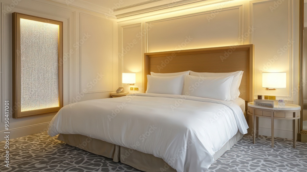 Modern sleep space with cream headboard, off-white walls, white bedding, and a grey carpet. Modern sleep space with cream headboard, off-white walls, white bedding, and a grey carpet.