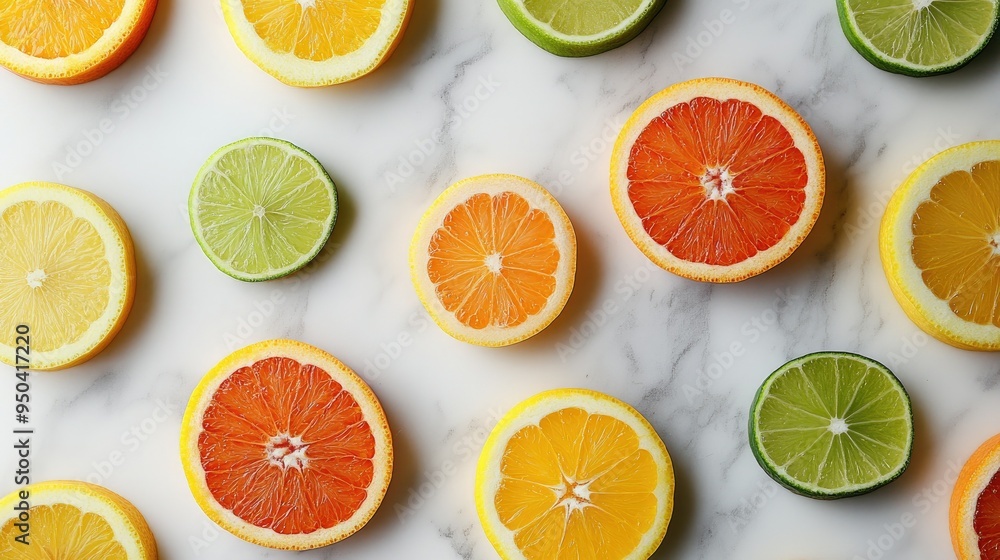 Sliced citrus fruits including oranges, lemons, and limes on a marble surface, top view Sliced citrus fruits including oranges, lemons, and limes on a marble surface, top view