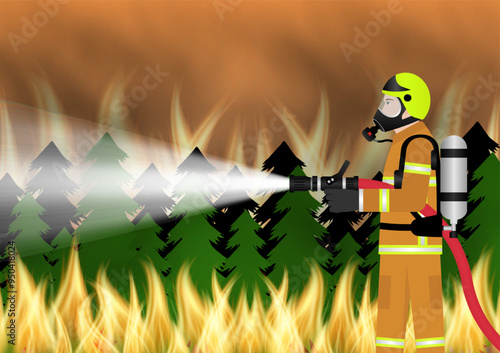 Firefighter Spraying Water to Extinguish Forest Fire. Forest Fire. Wildfire. Burning Forest. Vector Illustration. 