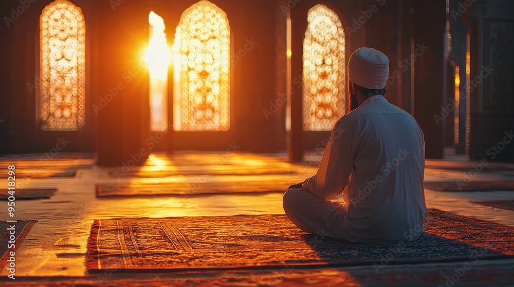 A serene moment of meditation in a beautifully lit mosque, capturing the essence of spirituality and tranquility A serene moment of meditation in a beautifully lit mosque, capturing the essence of spirituality and tranquility