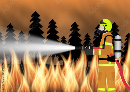 Firefighter Spraying Water to Extinguish Forest Fire. Forest Fire. Wildfire. Burning Forest. Vector Illustration. 