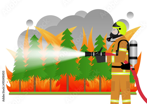 Firefighter Spraying Water to Extinguish Forest Fire. Forest Fire. Wildfire. Burning Forest. Vector Illustration. 